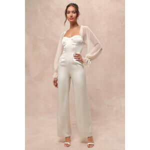 Lulus Gracefully Modern Ivory Satin Mesh Long Sleeve Bustier Jumpsuit White